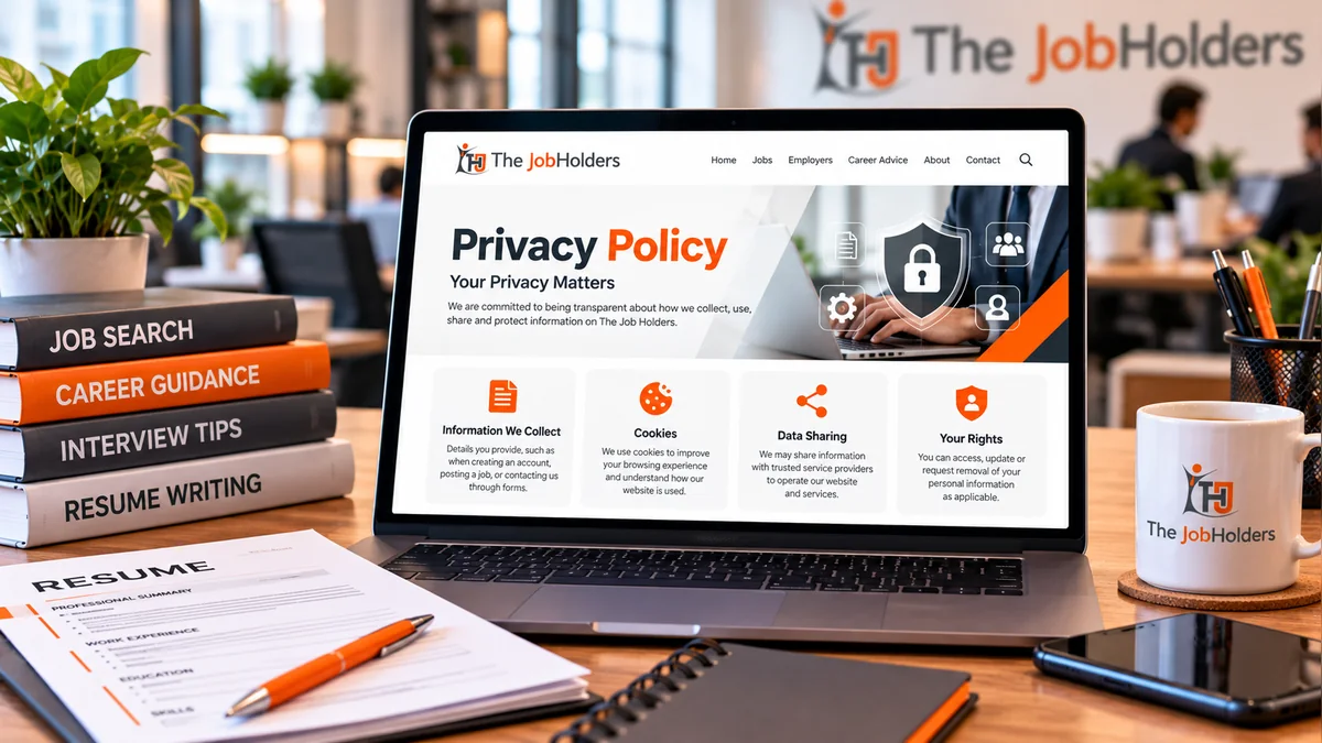 Laptop displaying The Job Holders Privacy Policy page in a professional office, featuring data protection, cookies, personal information and privacy rights.
